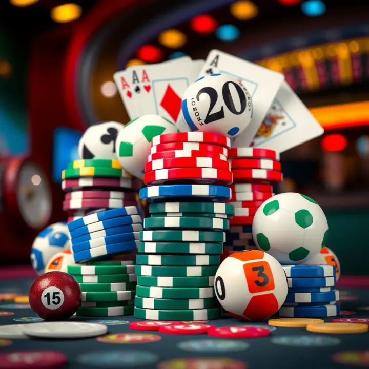 Colorful casino chips stacked with lottery balls and cards symbolizing diverse welcome bonuses