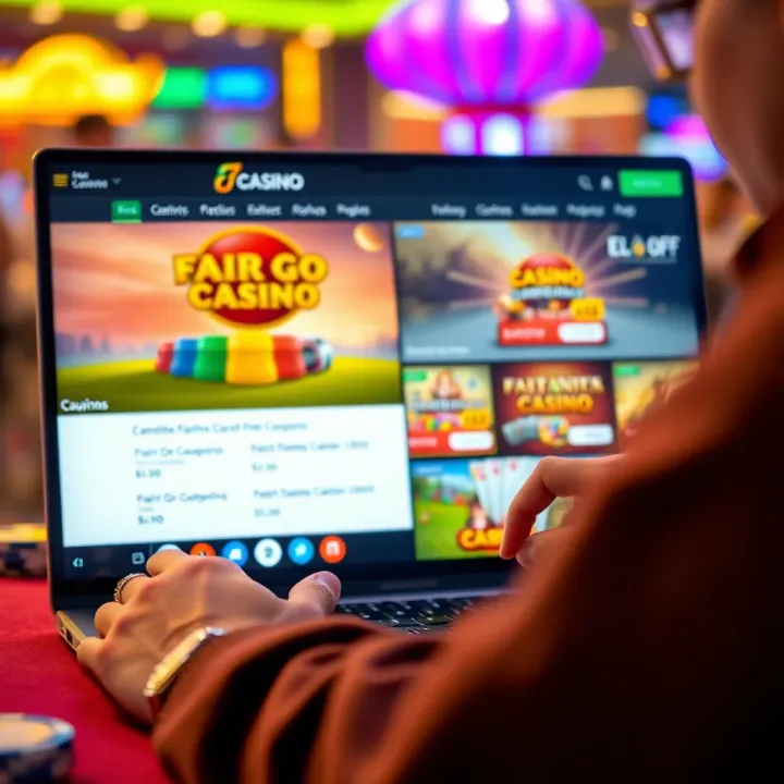 Visual representation of a player navigating a casino website on a laptop with coupon offers highlighted