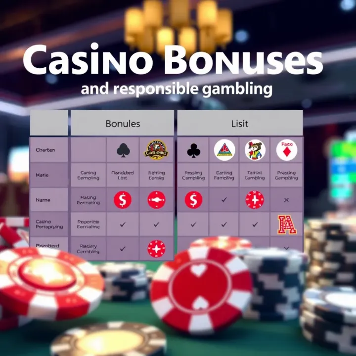 Graphic showing comparison of various casino bonus options alongside responsible gambling symbols