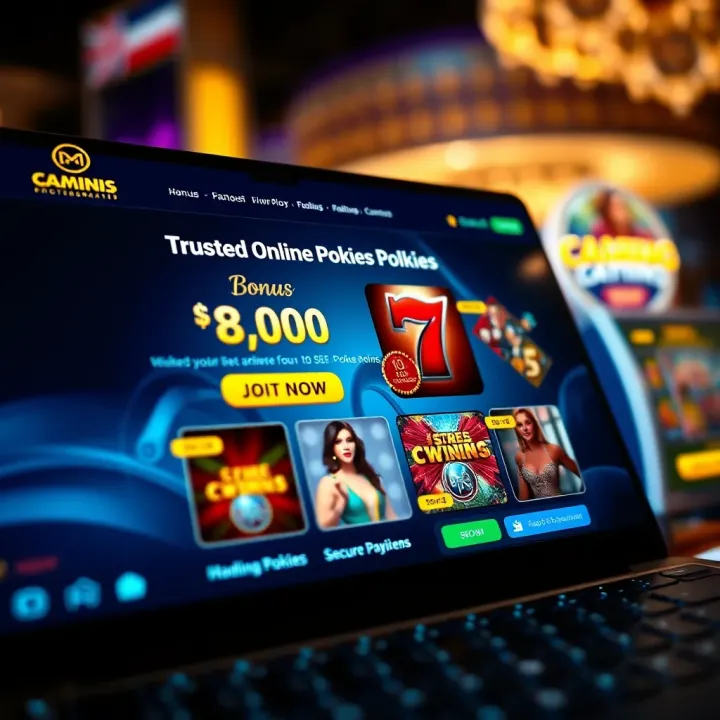 Trusted Online Pokies Platform Featuring Bonuses and Secure Payments Digital interface showing trusted gaming website with bonus offers and secure payment icons