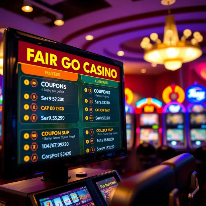 Digital screen displaying current coupon codes and offers for Fair Go Casino players