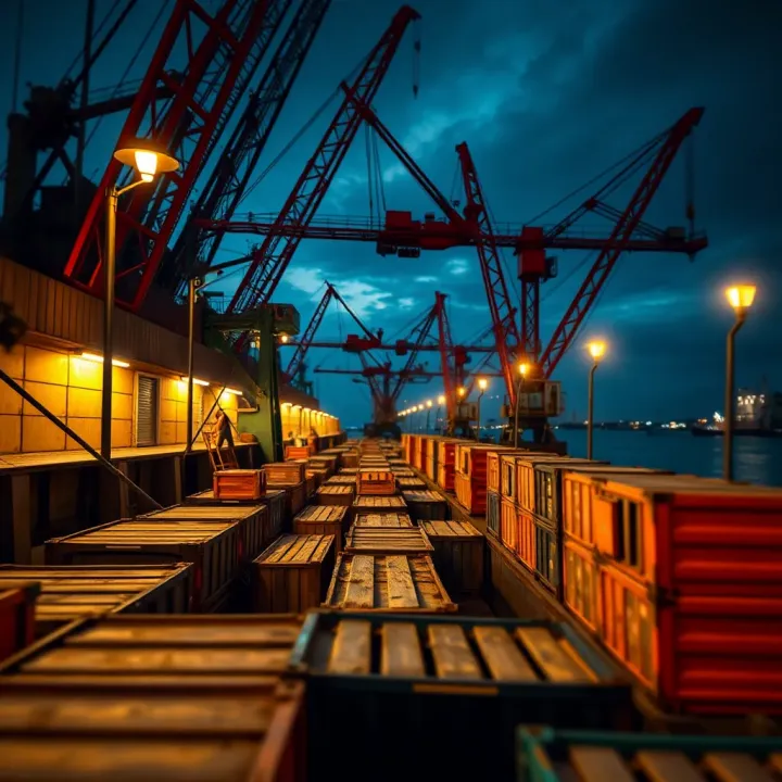 Historic dock with cranes and cargo crates representing early Australian maritime labour