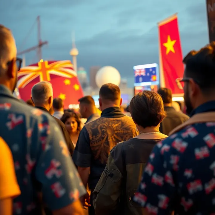 Diverse community gathering with Australian landmarks in background