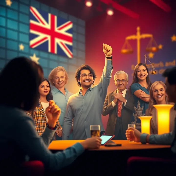 Illustration showing diverse figures celebrating equality and opportunity in Australia with symbols of justice and community support