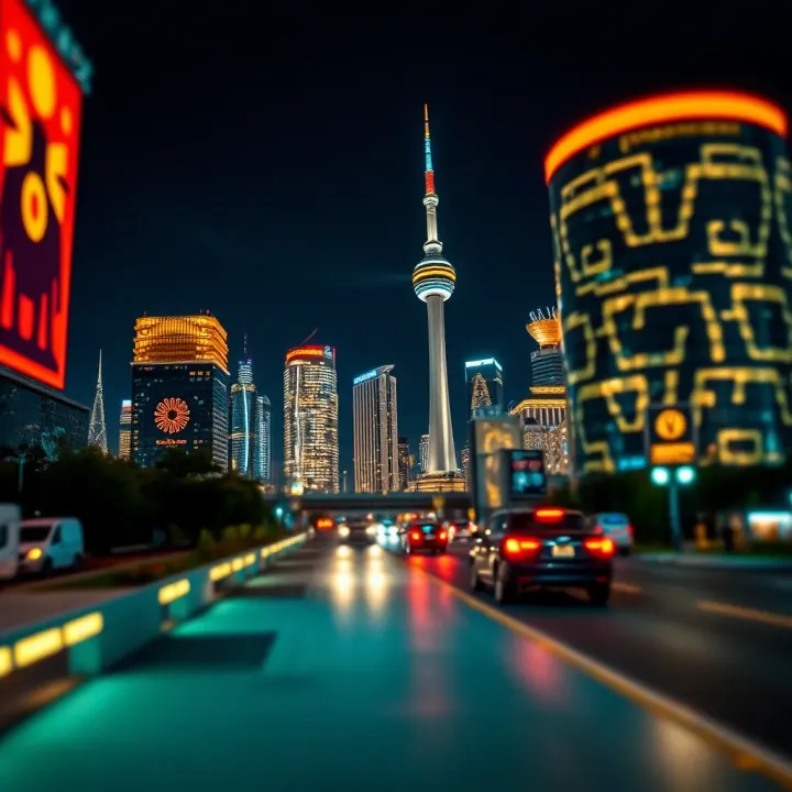Artwork depicting Indigenous cultural symbols alongside modern cityscape highlighting Indigenous rights and inclusion