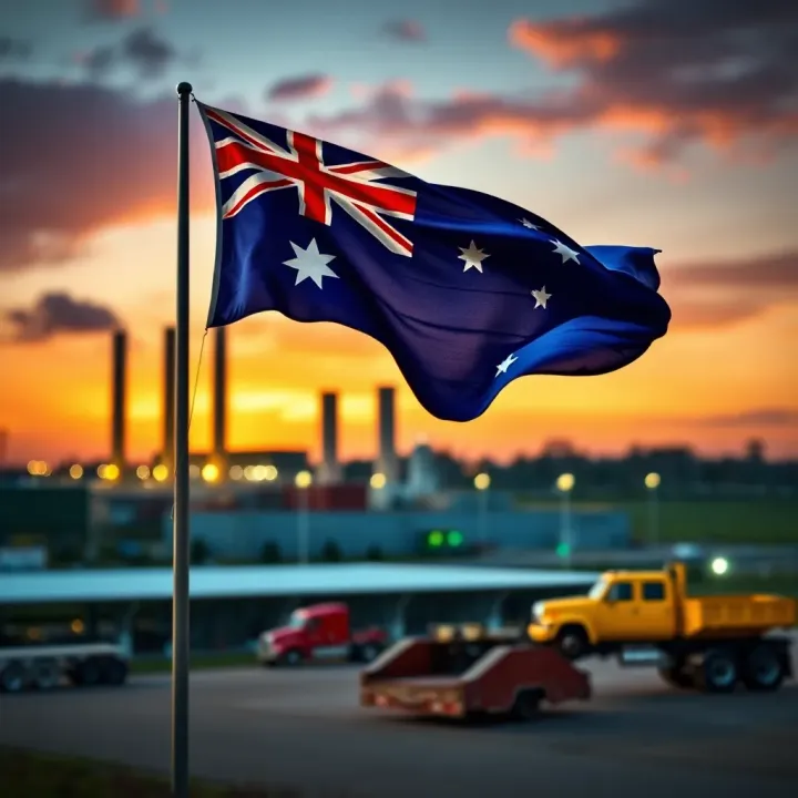 Australian flag waving over a manufacturing factory symbolizing local industry support