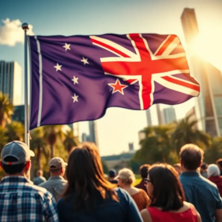 Unity and Opportunity Under the Australian Flag Australian flag waving over a diverse group gathered in a city park symbolizing unity and opportunity