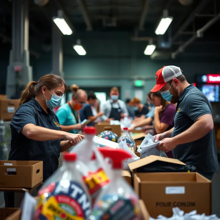Volunteers organizing donated goods and resources for local support services