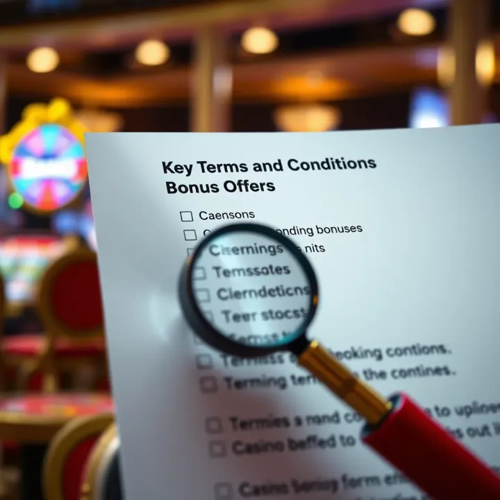 Graphic depicting a checklist and a magnifying glass highlighting terms and conditions for casino bonuses
