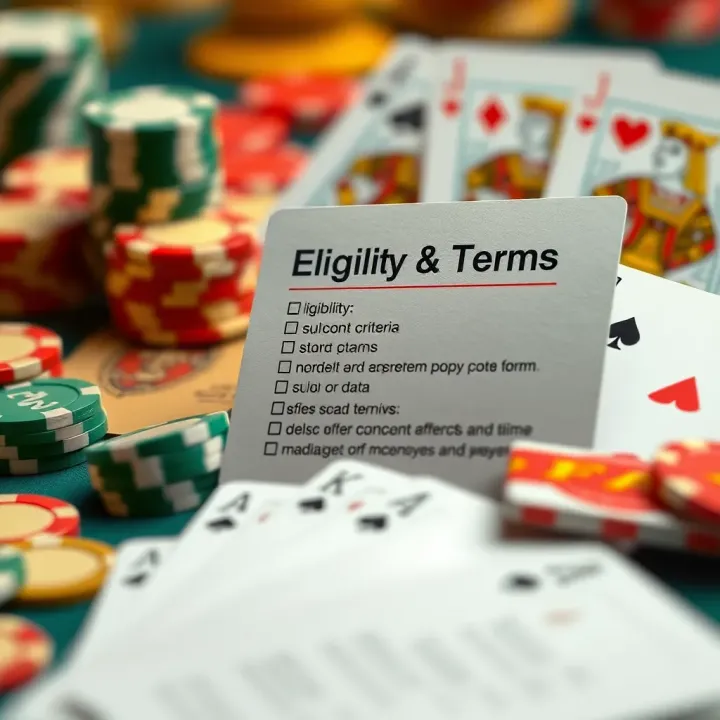 Eligibility and Terms for Fair Go No Deposit Bonus Checklist displaying eligibility criteria and terms against a background of casino elements like cards and tokens