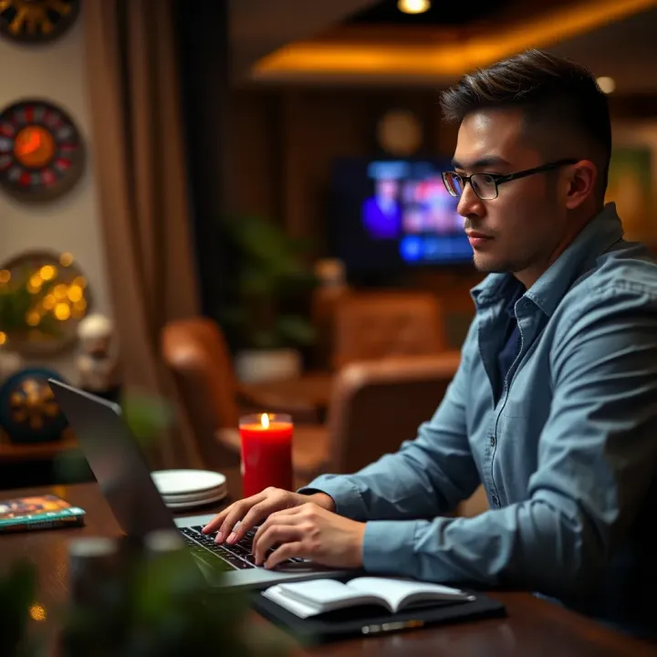 Remote affiliate marketer using a laptop to manage Fair Go Casino promotions from home