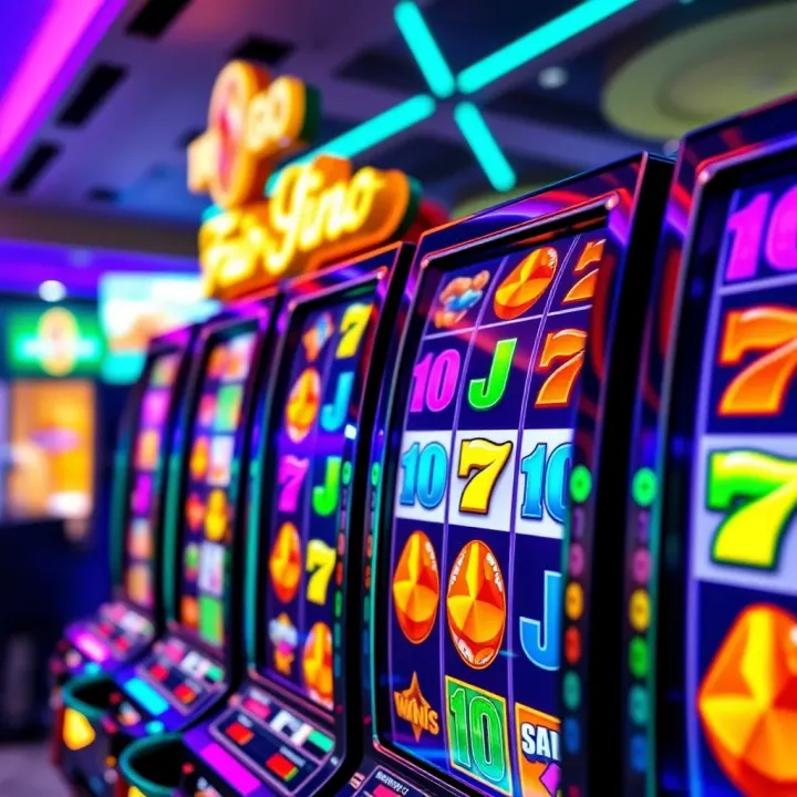 Colorful slot machine reels displaying various winning symbols at an online casino interface