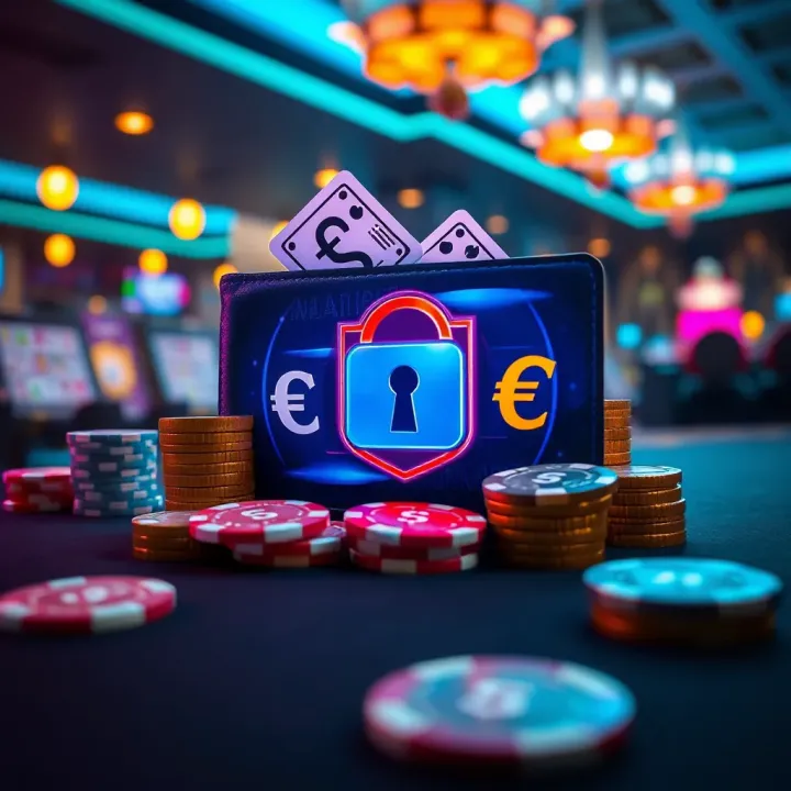 Illustration of a secure digital wallet with casino chips and currency symbols, symbolizing safe money management