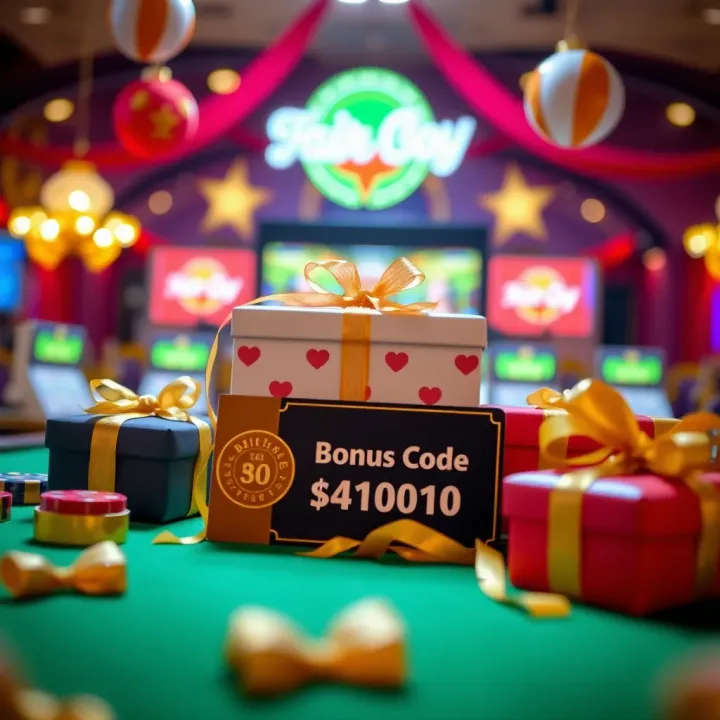 Claim Your Fair Go Casino Birthday Bonus Code Bright casino-themed birthday decorations with gift boxes and a bonus code card