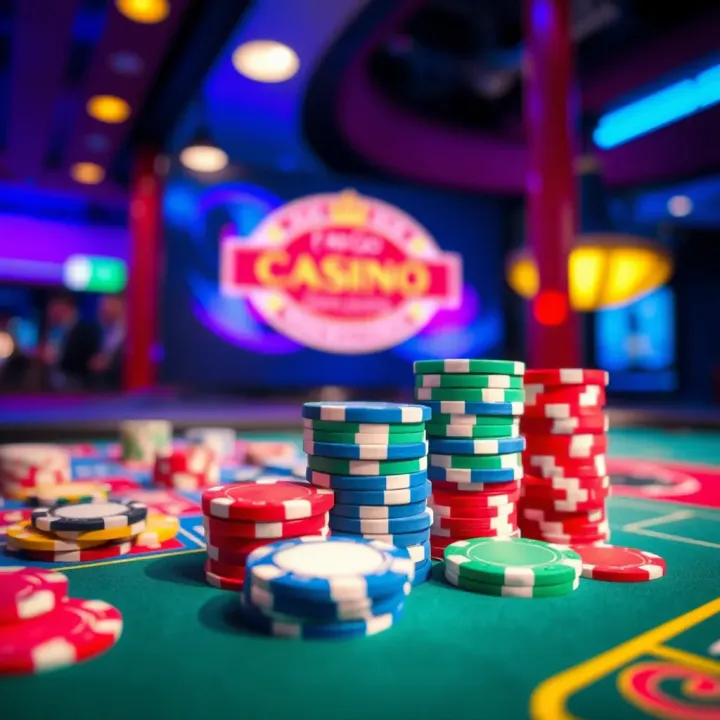 Colorful casino chips stacked on a gaming table with bright lights in the background