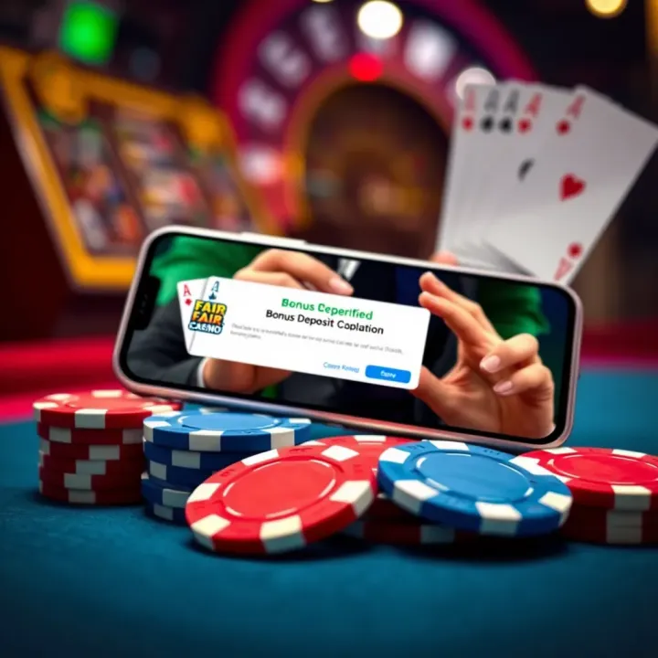 Tips to Maximise Fair Go Casino Deposit Bonuses Graphic showing casino chips and a smartphone displaying a bonus claim confirmation