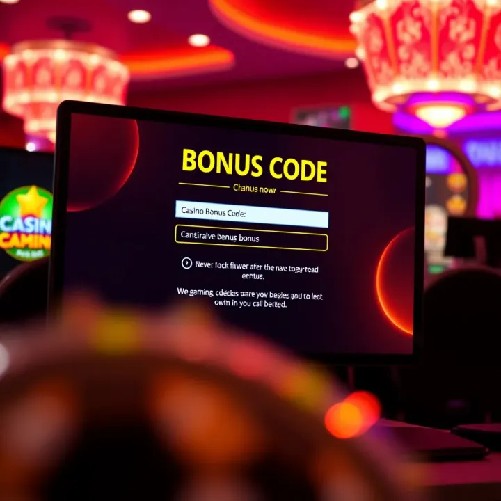 Computer screen displaying a casino bonus code entry field with a glowing confirmation message