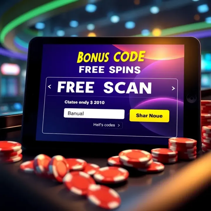 Bonus Code Redemption Screen for Unlocking Free Spins at Fair Go Casino Digital interface showing bonus code entry field with casino chips and tokens surrounding the screen