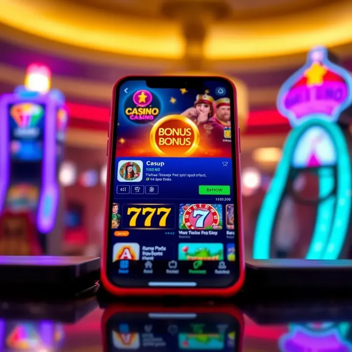 Illustration of a mobile device displaying a casino app with bonus offers and a glowing notification badge
