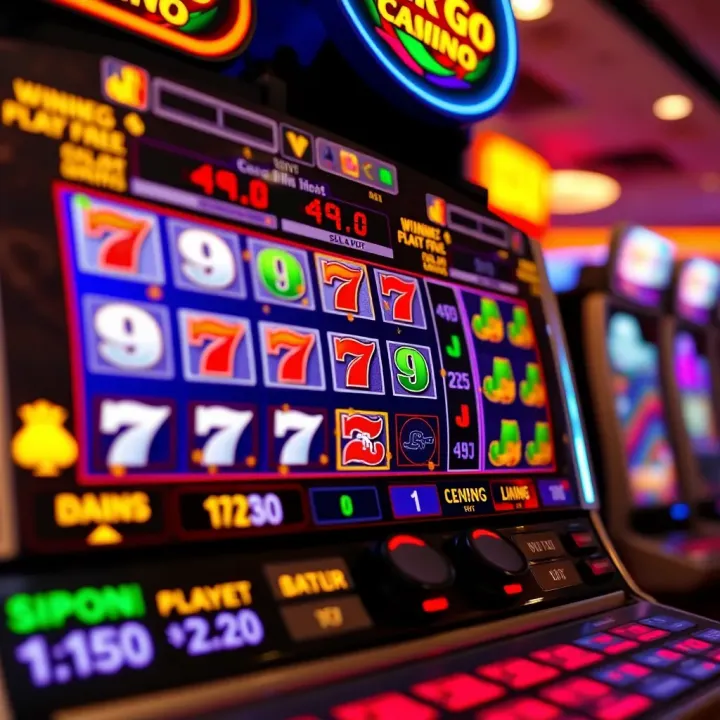 Colorful slot machine reels displaying winning combinations in a casino setting
