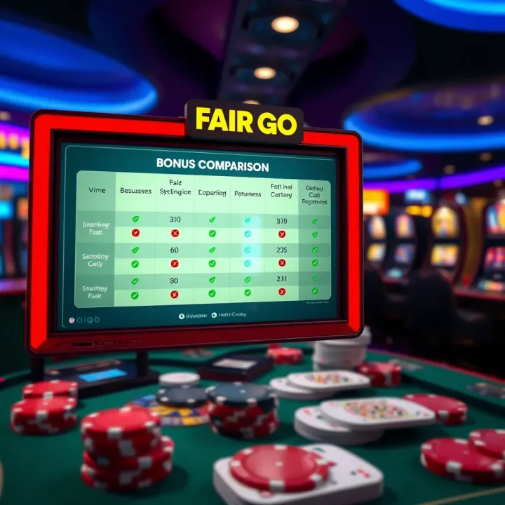Graphics showing comparison charts of online casino bonuses and responsible gambling icons