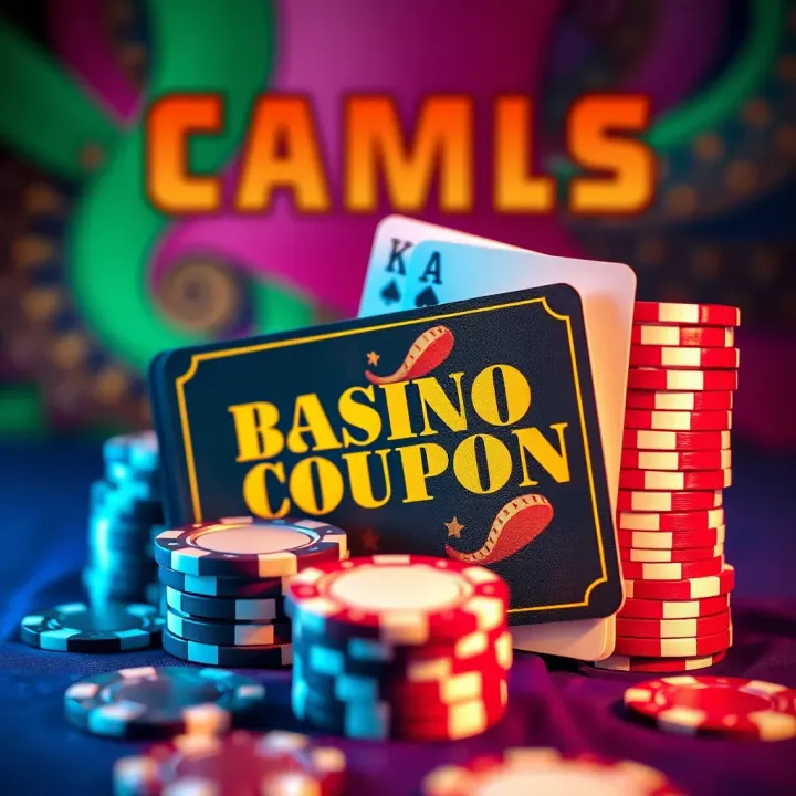 Digital coupons representing casino bonuses with poker chips and playing cards on a vibrant background