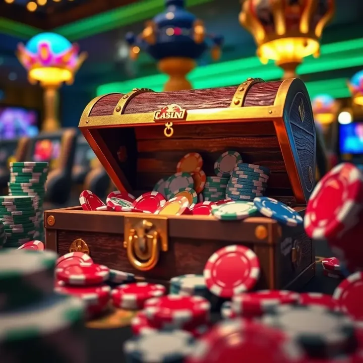 Graphic showing a treasure chest filled with casino chips representing bonus coupons and rewards