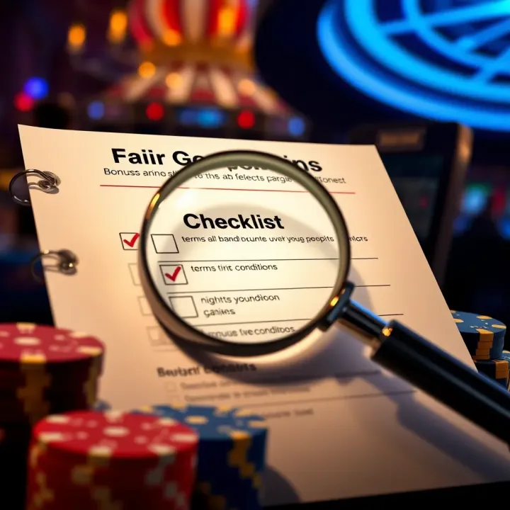 Checklist with magnifying glass highlighting terms and conditions for online casino bonuses