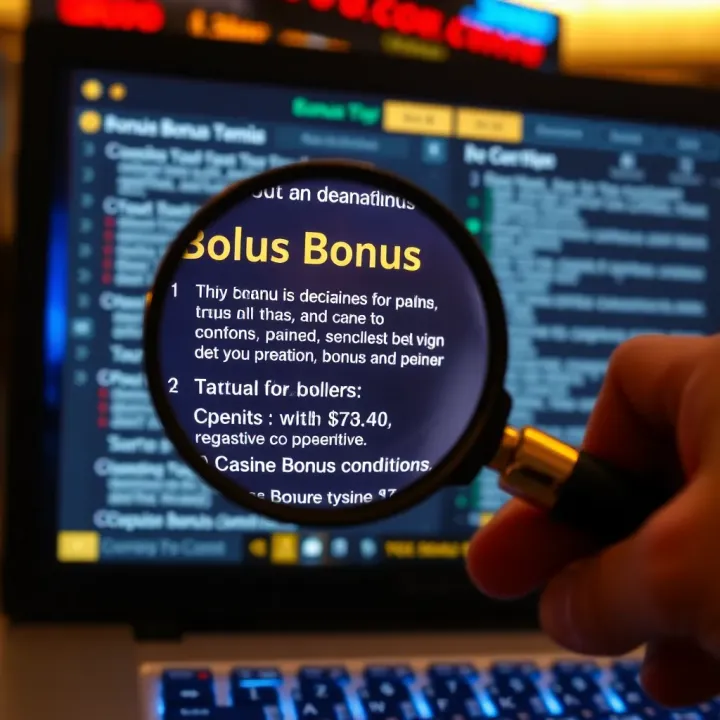 Analyzing Casino Bonus Terms and Conditions Magnifying glass over casino bonus terms and conditions on a digital screen