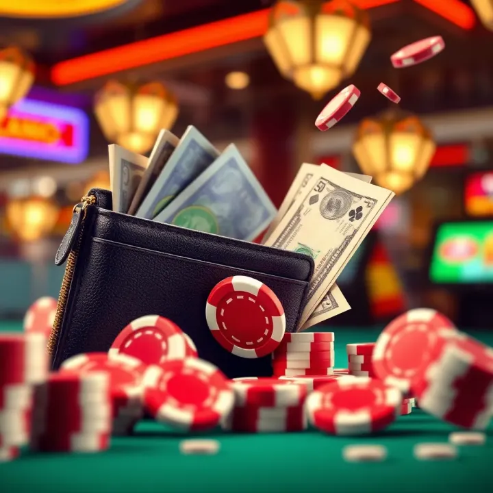 Guide to Withdrawing Bonus Winnings at Fair Go Casino Illustration of a digital wallet with casino chips and cash flowing out symbolizing cashing out winnings