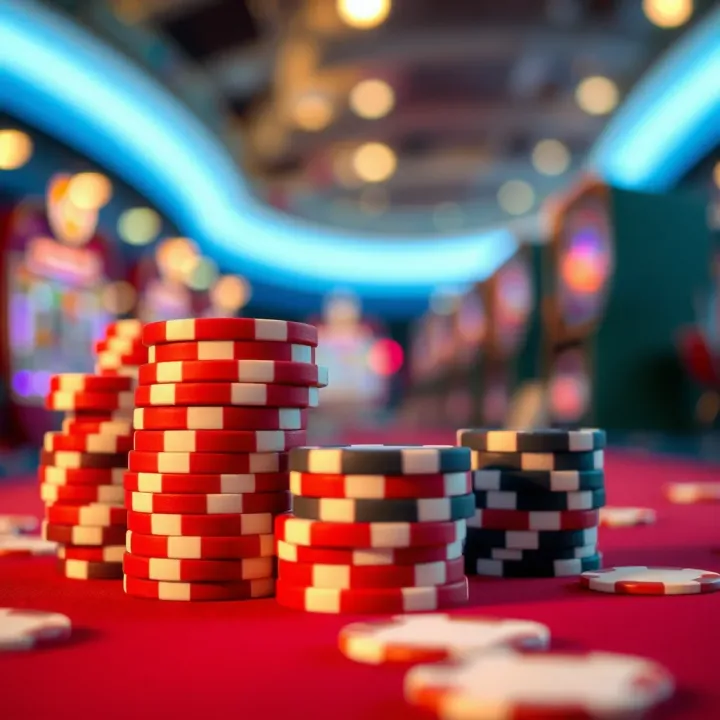 Budget-Friendly Betting Chips at Fair Go Casino Casino chips stacked with low-value denominations emphasizing budget play