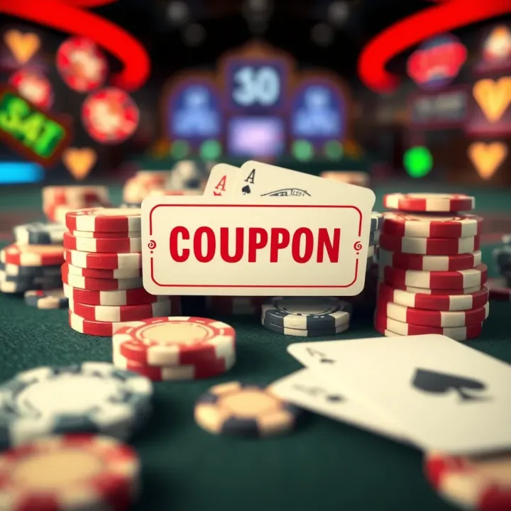 Illustration of a digital coupon symbol surrounded by casino chips and cards