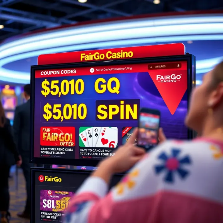 Active Fair Go Casino Coupon Codes and Promotional Offers Display Digital screen showing active Fair Go Casino coupon codes and promotional offers