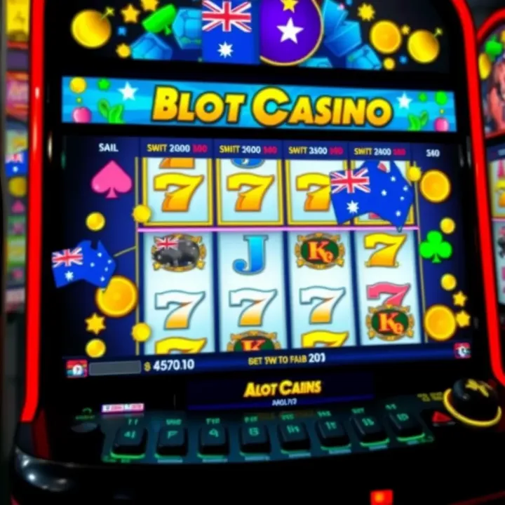 Digital Slot Machine Highlighting Aussie Casino Bonus Offers Digital slot machine displaying winning symbols with Australian-themed decorations