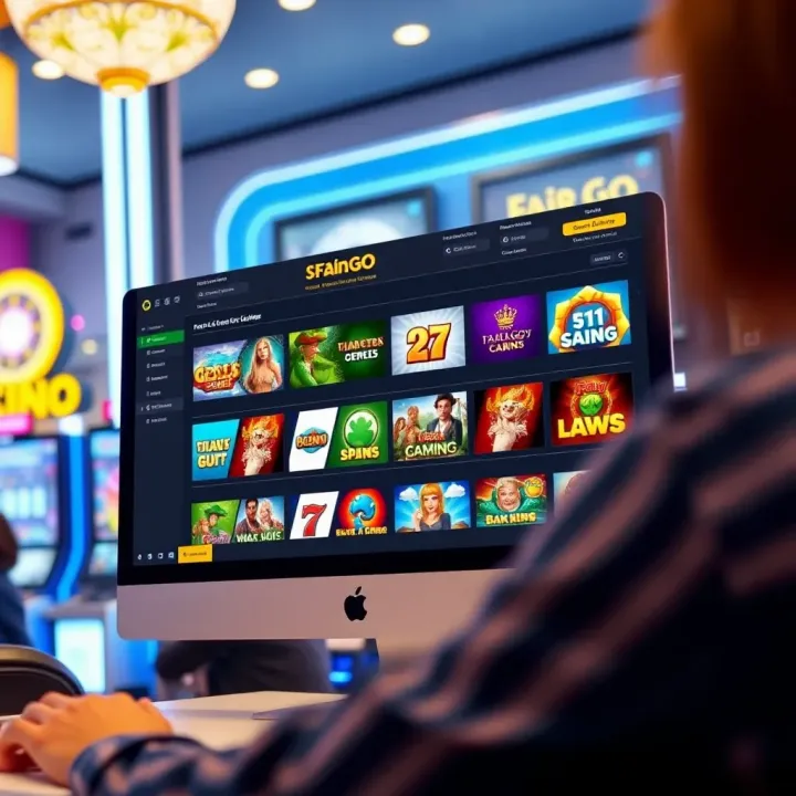 Illustration showing a computer screen displaying Fair Go Casino's downloadable software interface with game icons