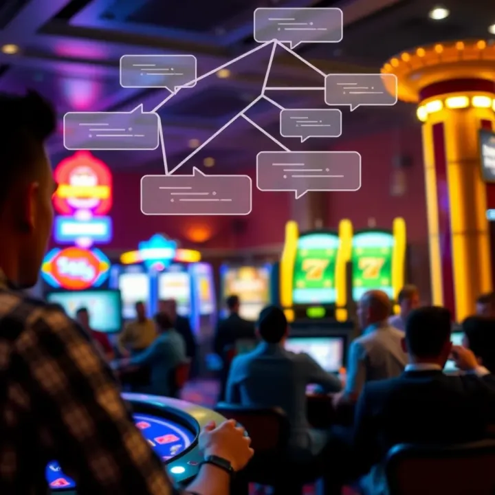 Illustration of digital community interaction with chat bubbles and casino symbols