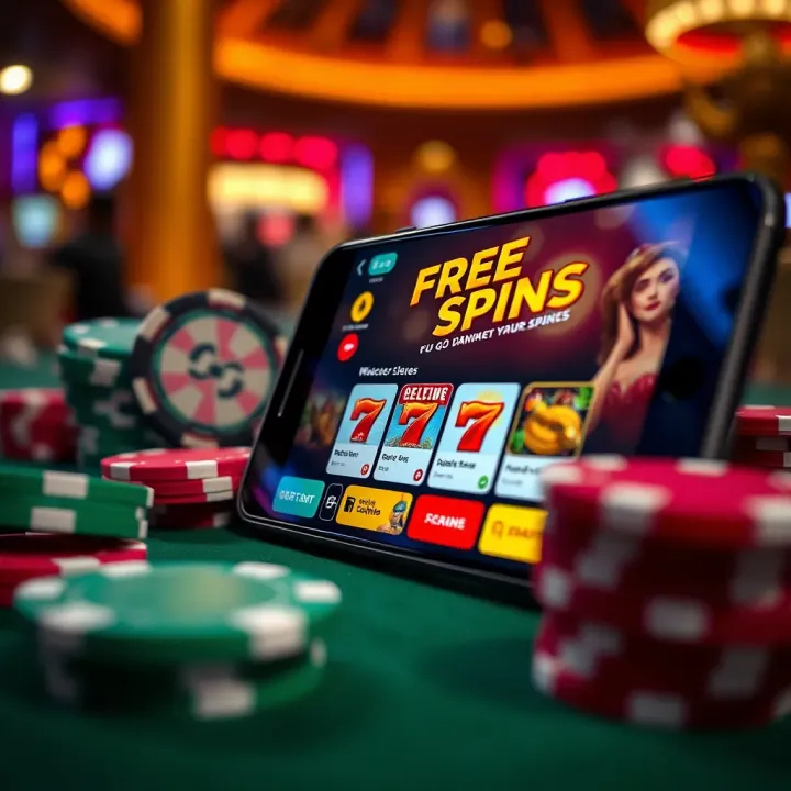 Accessing Free Spins Promotions via Mobile Devices Illustration of casino chips and a mobile device showing promotional offers on screen