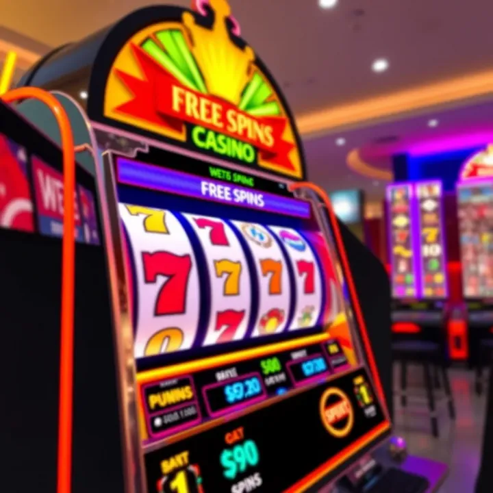 A colorful slot machine with spinning reels and glowing paylines representing free spins at an online casino