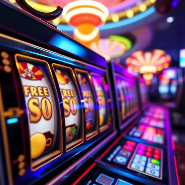 Slot machine reels displaying winning symbols with vibrant casino lights