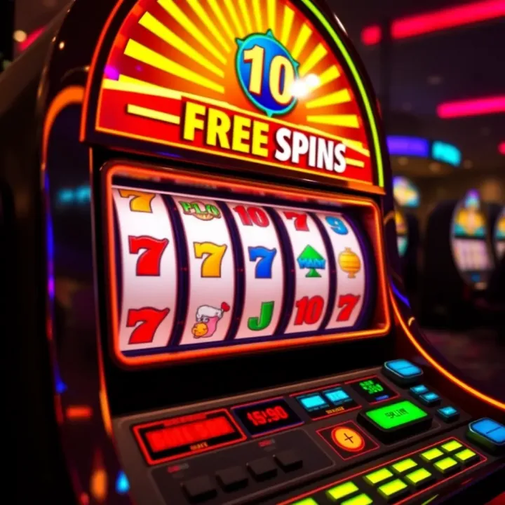Vibrant Slot Machine Highlighting Free Spins Opportunity at Fair Go Casino Bright casino slot machine with vibrant spinning reels showcasing various symbols and a jackpot display