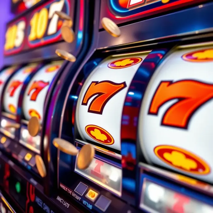 Bright slot machine reels displaying winning combinations with coins spilling out
