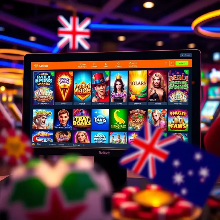 Colorful selection of online casino games displayed on a computer screen with Australian flag accents