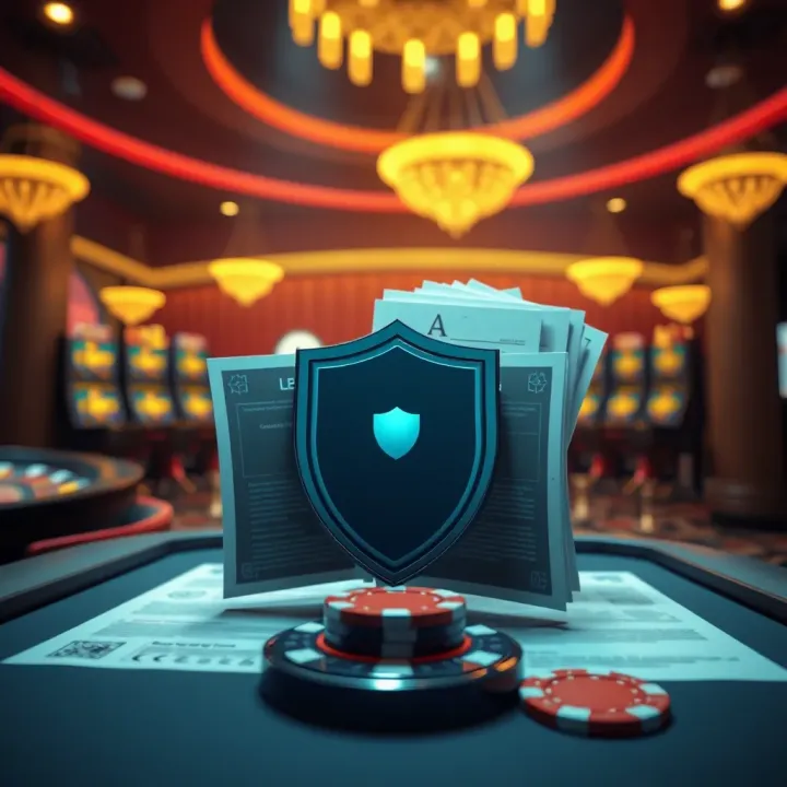 Illustration of a secure online casino environment with legal documents and a shield icon