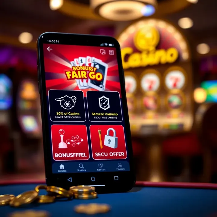 Smartphone showing bonus offers and secure connection icons on Fair Go Casino app
