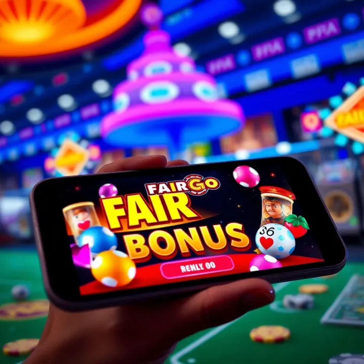 Smartphone displaying Fair Go Casino mobile bonus offer screen with colorful casino-themed graphics