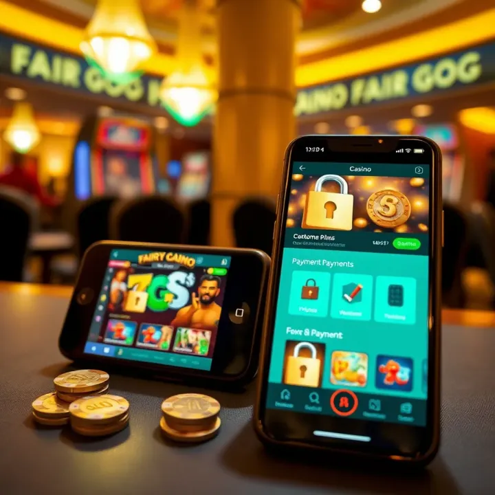 Secure Payments and Customer Support on Fair Go Casino Mobile Secure payment icons alongside mobile device showing casino interface