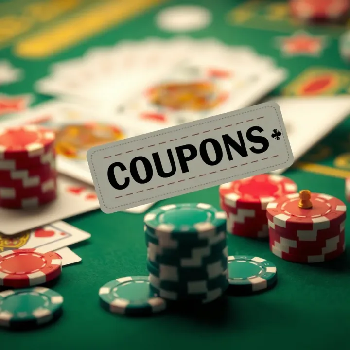 Illustration showing digital coupons floating above a casino-themed background with cards and chips