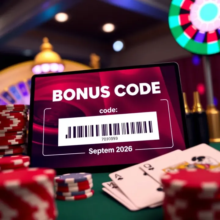 Digital Bonus Code with Casino Elements A digital coupon code displayed on a screen with casino chips and playing cards