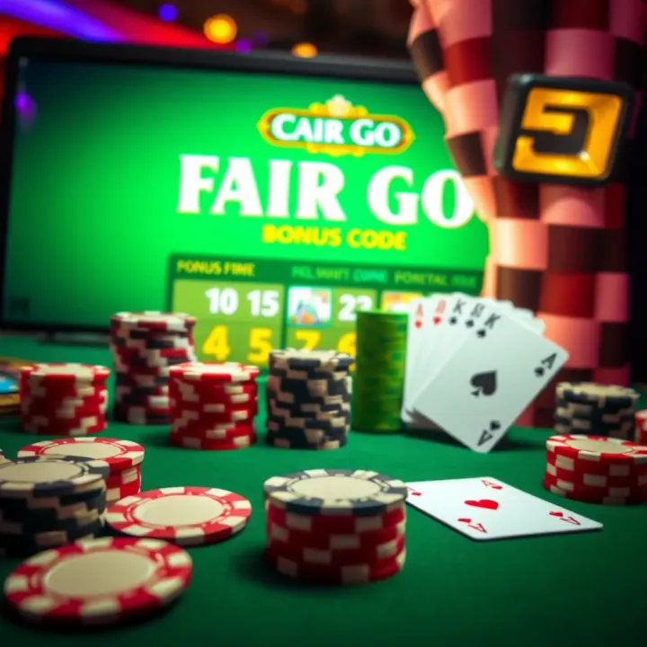 Online casino bonus code displayed on a digital screen with poker chips and cards