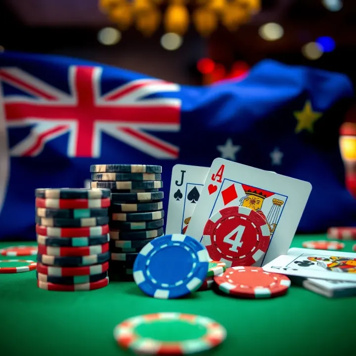 Australian flag with casino chips and playing cards symbolizing local player benefits